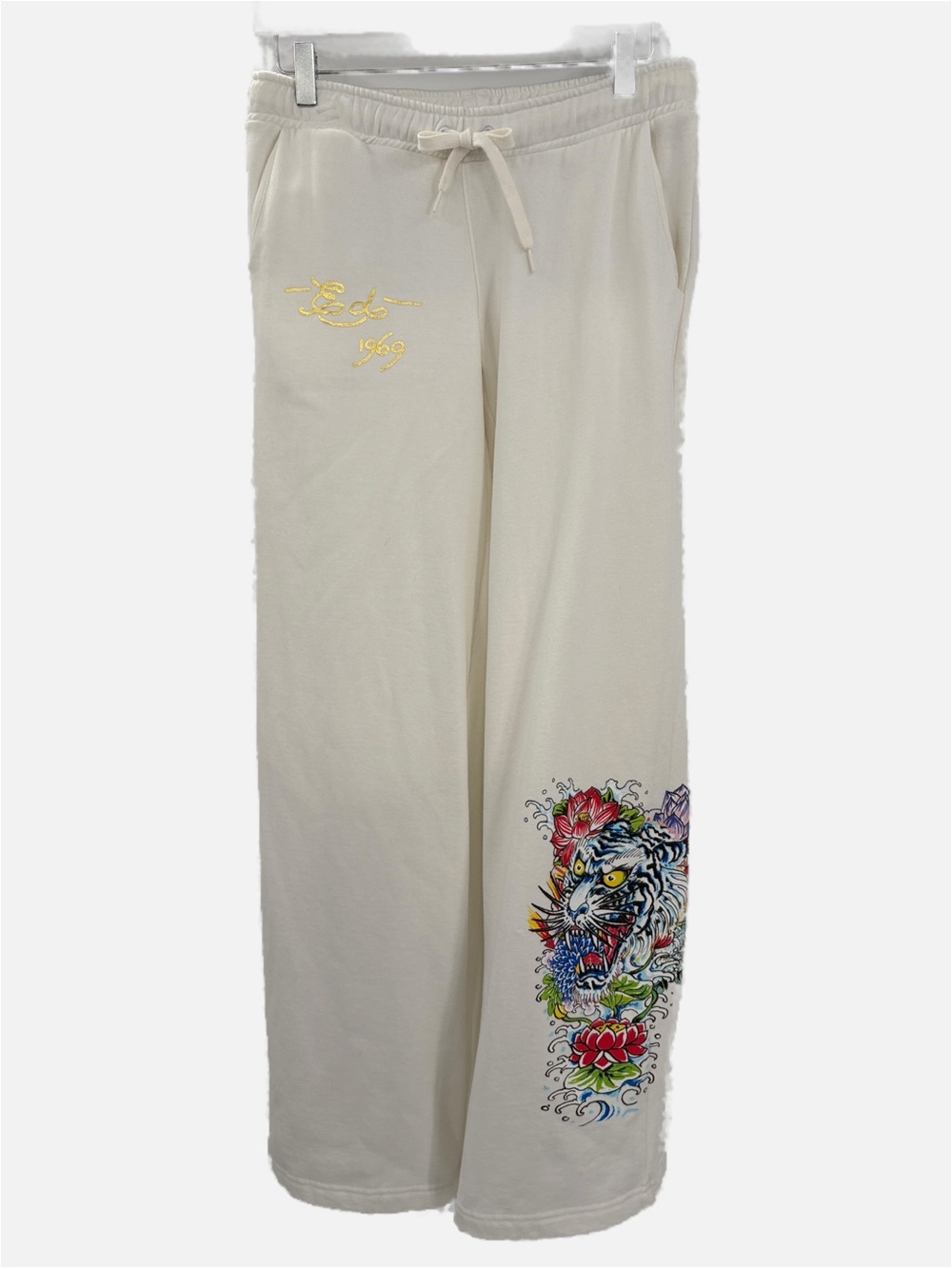 Ed Hardy Wide Leg Graphic Sweatpants Tiger Floral Cotton Drawstring Medium